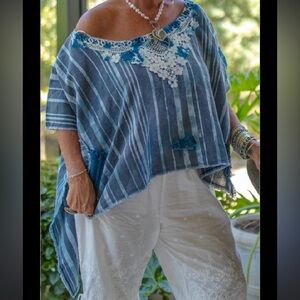 Jaded Gypsy Walk On By 100% Cotton PonchStriped Blue Poncho High Lo Top